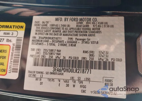 2020 Ford Fusion Se z USA, uszkodzony, nr VIN 3FA6P0HD0LR218771